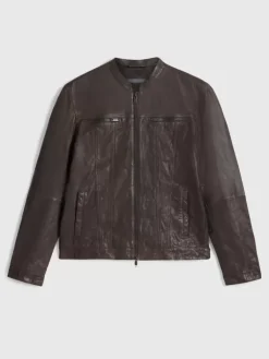 Leather & Outerwear|Tops>John Varvatos BRANDO BAND COLLAR JACKET CHARCBROWN