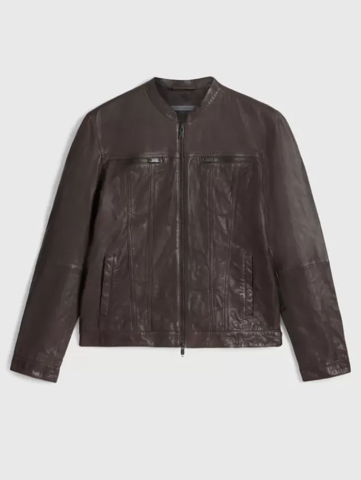 Leather & Outerwear|Tops>John Varvatos BRANDO BAND COLLAR JACKET CHARCBROWN