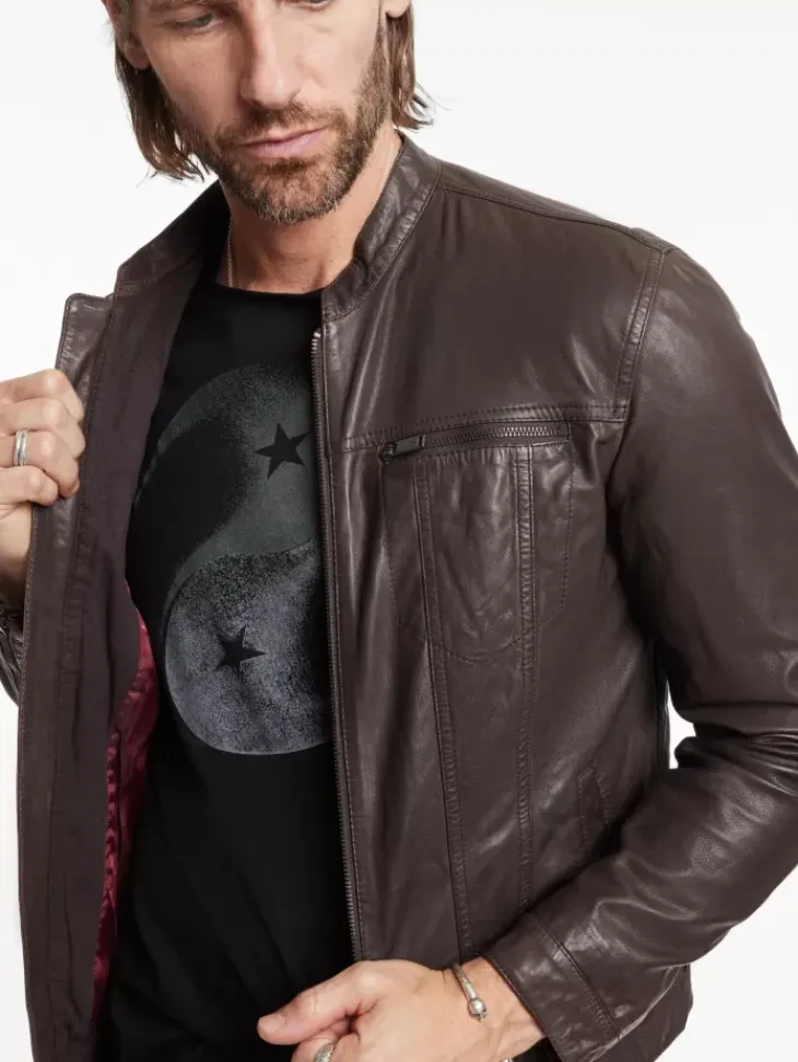 Leather & Outerwear|Tops>John Varvatos BRANDO BAND COLLAR JACKET CHARCBROWN