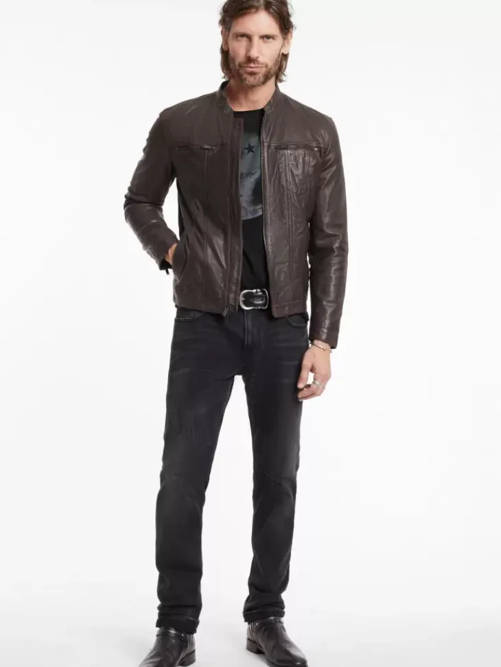 Leather & Outerwear|Tops>John Varvatos BRANDO BAND COLLAR JACKET CHARCBROWN