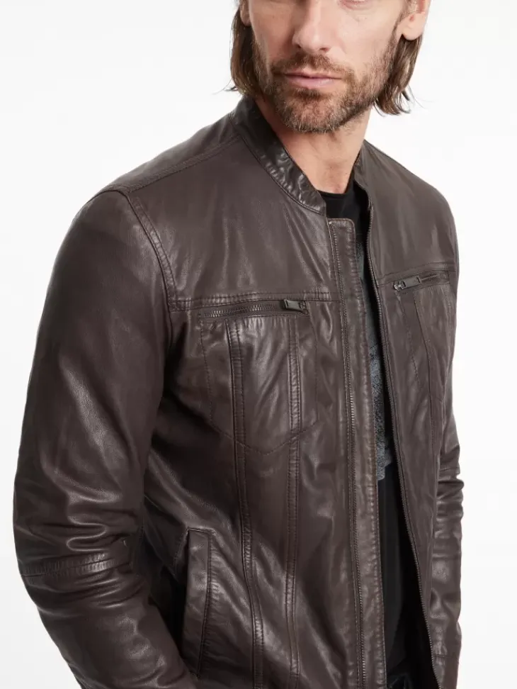 Leather & Outerwear|Tops>John Varvatos BRANDO BAND COLLAR JACKET CHARCBROWN