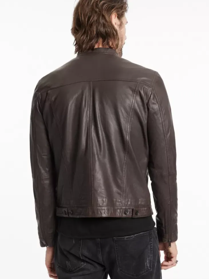 Leather & Outerwear|Tops>John Varvatos BRANDO BAND COLLAR JACKET CHARCBROWN