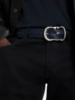 Belts|Leather Belts>John Varvatos FIBEL ANTIQUE NICKLE FINISH BELT INDIGO