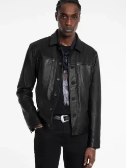 Coats And Jackets|Leather Jackets>John Varvatos TERRANCE TRUCKER JACKET BLACK